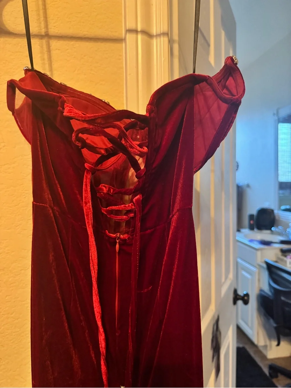 Red Velvet Rhinestone-Trim Bustier Nightgown